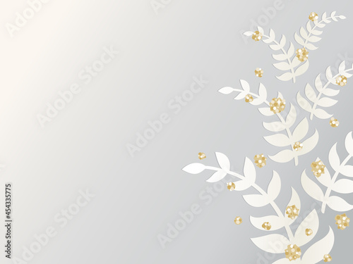 Warm white floral design white gold glitter accents on gray with copyspace  