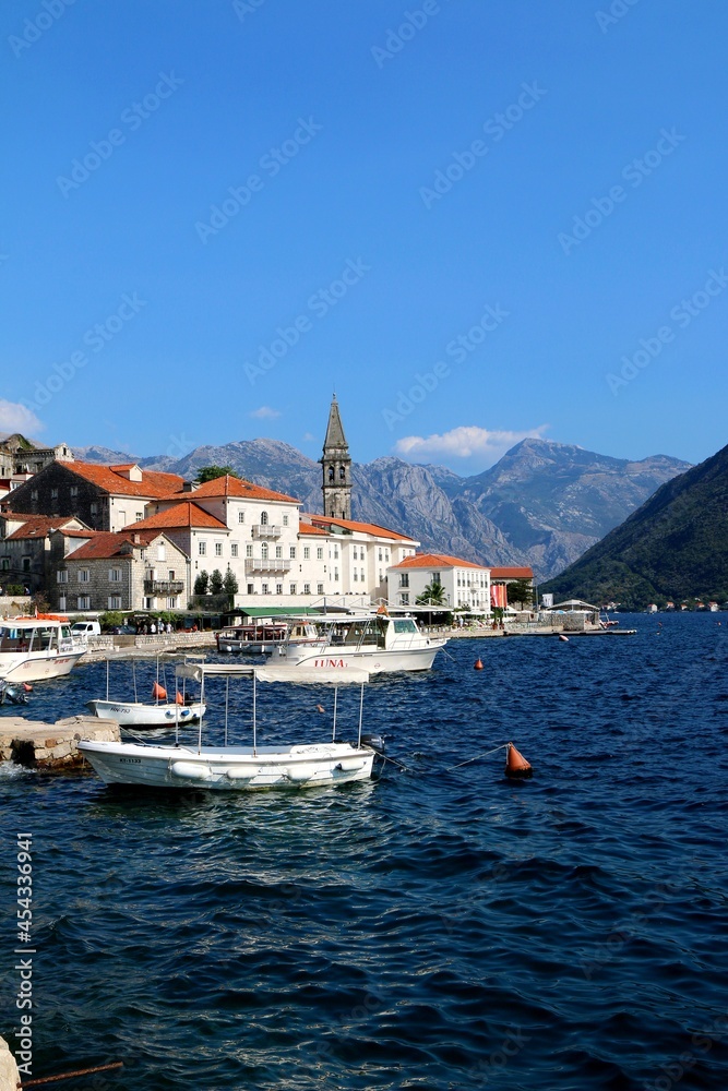 montenegro, perast, lake, church, water, coast, landscape, nature, travel, mediterrenean, panorama, harbor, summer, ship, mountain, view,