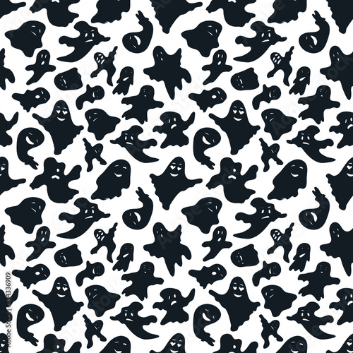 Hand drawn seamless Halloween pattern. Black ghosts on a white background. Vector illustration.