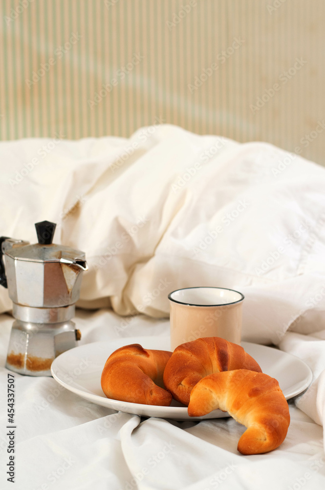 Italian breakfast with coffee, milk and croissant Italian breakfast with coffee, milk and croissant