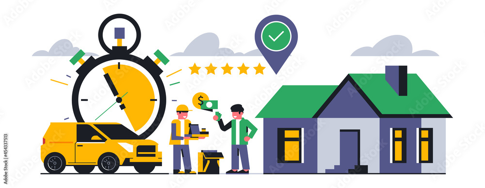 Online food delivery service to your home. The courier hands over a successfully completed order and receives a five-star rating. Delivery, food, home, review, time, car, money. Vector illustration.