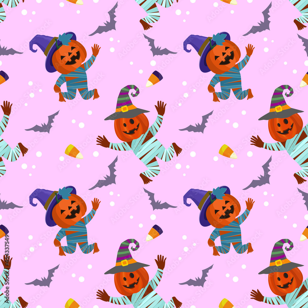 Fototapeta premium Cute and funny Halloween pumpkin with bat seamless pattern.