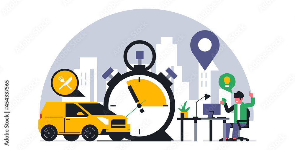 Online food delivery service. An office worker got the idea to order food delivery. City, office, work desk, lunch break, courier car, time, clock. Vector illustration.