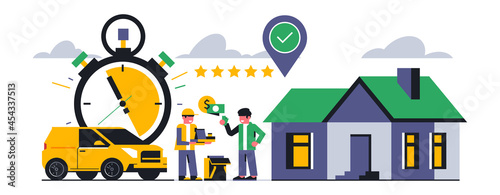 Online food delivery service to your home. The courier hands over a successfully completed order and receives a five-star rating. Delivery  food  home  review  time  car  money. Vector illustration.