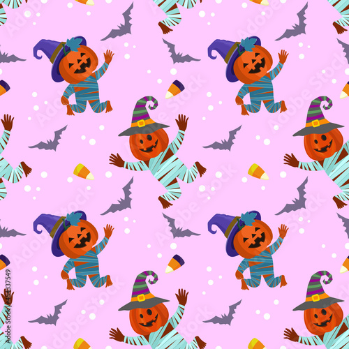 Cute and funny Halloween pumpkin with bat seamless pattern.