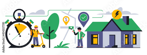 Online food delivery service to your home. A scooter courier delivers the order to your home. Street  map  address  route  gps  time  clock. Vector illustration.