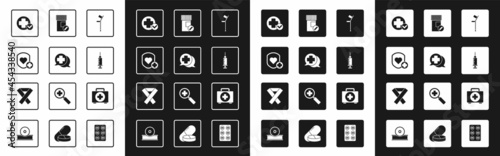 Set Crutch or crutches, Dialogue with the doctor, Shield and heart rate, Cross hospital medical, Syringe, Medicine bottle pills, First aid kit and Awareness ribbon icon. Vector