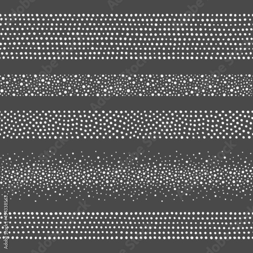 Winter seamless dot borders set, dotted stripes, streaks collection. Hand drawn uneven dots, blobs, snowflakes, white beads, pearls. New Year, Christmas frame templates, graphic design elements.