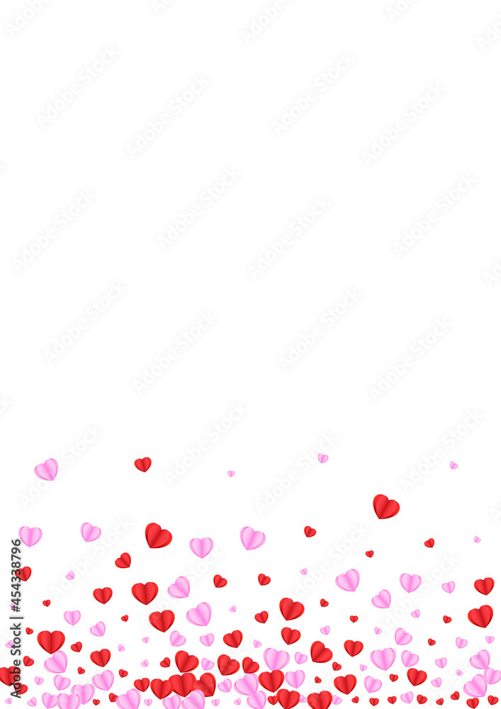 Pink Heart Background White Vector. Amour Pattern Confetti. Violet Blank Illustration. Red Confetti Present Frame. Tender Falling Texture.