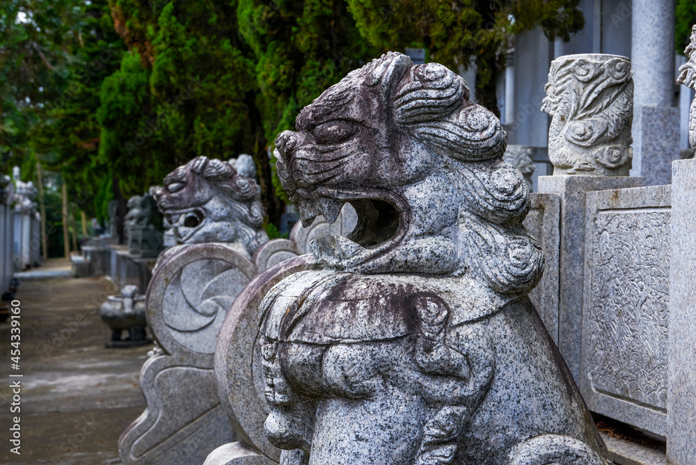 Chinese style stone lion carving close-up