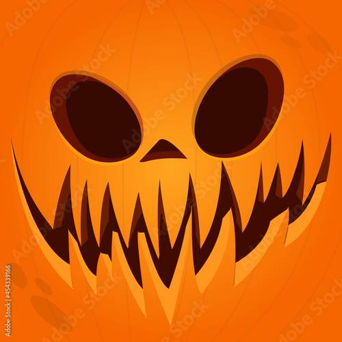 Cartoon funny  Halloween pumpkin head with scary face expression. Vector illustration of jack-o-lantern monster character design with carved emotion