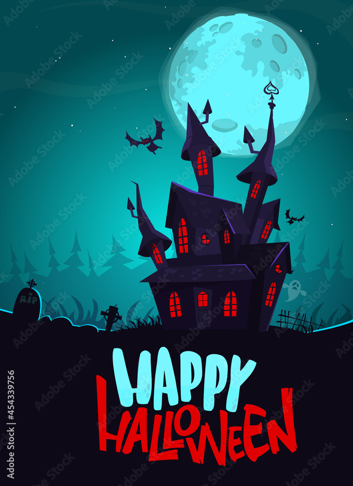 Happy halloween haunted house cartoon illustration. Vector horror scary  mansion on the night background with moon. Party poster Stock Vector |  Adobe Stock