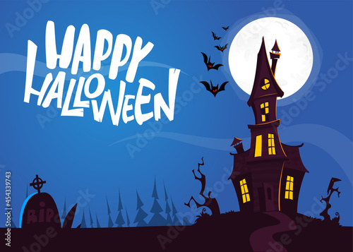Happy halloween haunted house cartoon illustration. Vector horror scary mansion on the night background with moon. Party poster