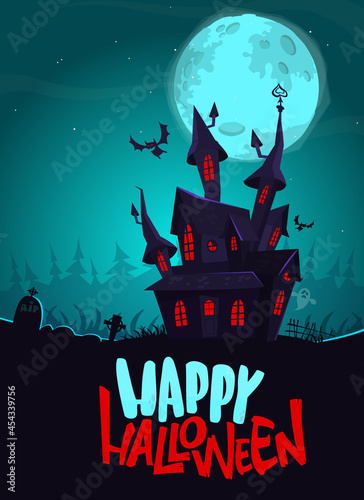 Happy halloween haunted house cartoon illustration. Vector horror scary mansion on the night background with moon. Party poster
