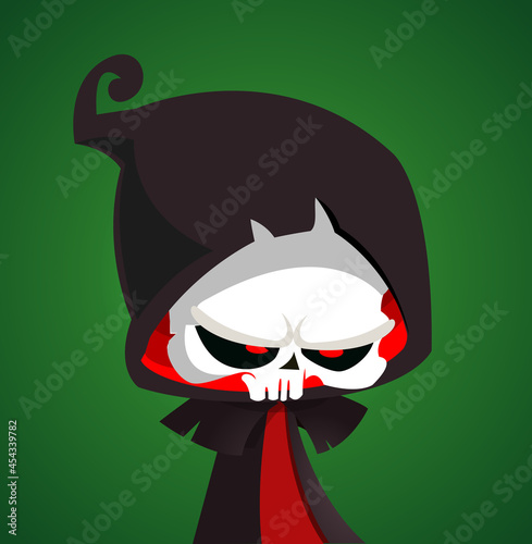 Cartoon grim reaper with scythe. Halloween scary death character illustration. Party poster