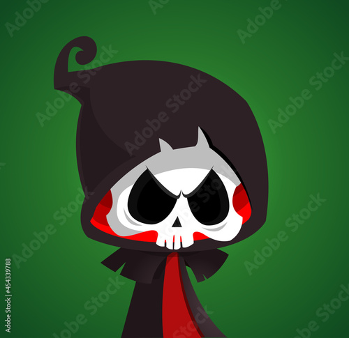 Cartoon grim reaper with scythe. Halloween scary death character illustration. Party poster