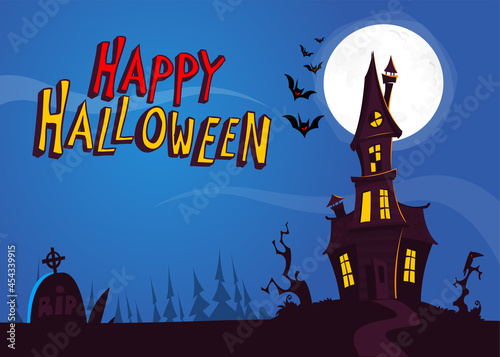 Happy halloween haunted house cartoon illustration. Vector horror scary mansion on the night background with moon. Party poster