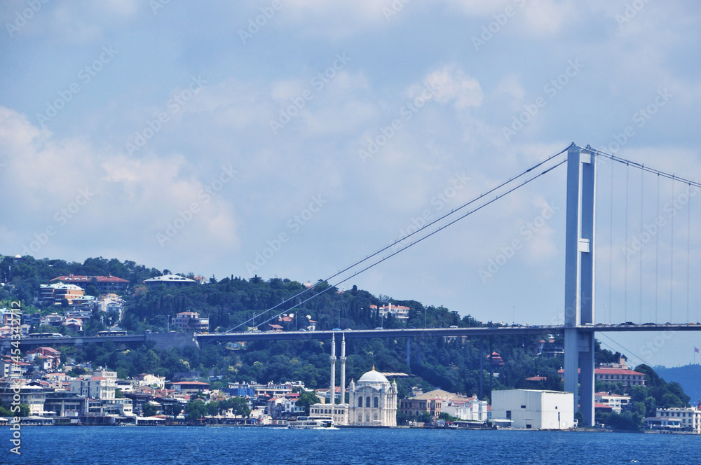 Panoramic view of the bridge over the strait. Automobile bridge against the background of the strait and the coastline.