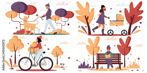 Collection of scenes with vector characters in the autumn park. People walk a dog, ride a bicycle, walk with a stroller, read a book on a bench.Vector illustration.Flat design.Eps10