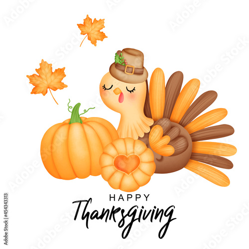 Digital painting watercolor thanksgiving turkey, cute turkey.