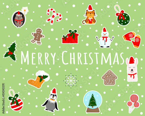 Christmas collection with traditional Christmas and New Year elements.Vector christmas stickers set on green background.Cute christmas elements snowman, tiger, balls, candies, mittens, lama, present.