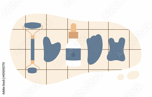 Various trendy gua sha scraper, natural blue quartz crystal roll on face massager and face oil. Gua Sha skin care concept. Flat cartoon vector illustration. Isolated on white background. 