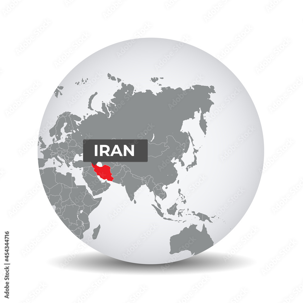 World globe map with the identication of Iran. Map of Iran. Iran on grey political 3D globe. Asia map. Vector stock.