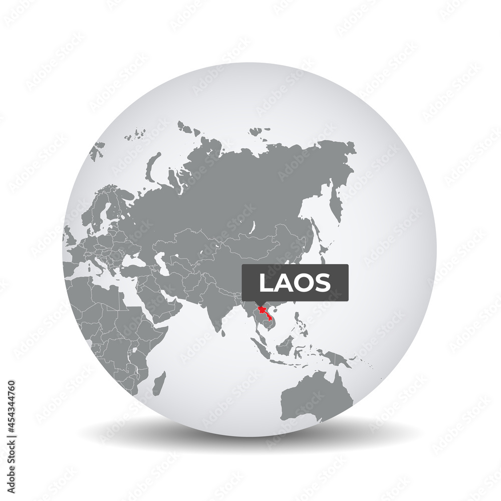 World globe map with the identication of Laos. Map of Laos. Laos on grey political 3D globe. Asia map. Vector stock.