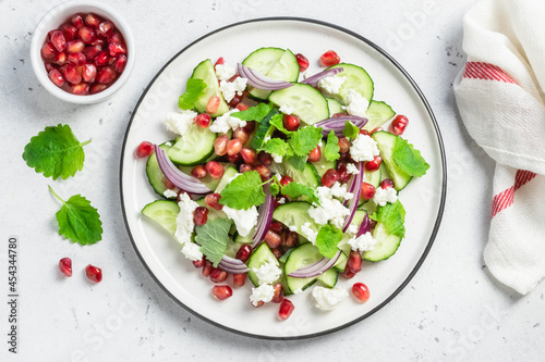 Fresh summer dietitian pomegranate cucumber salsa, red onion mint vinegar gressing. Space for text, top view.