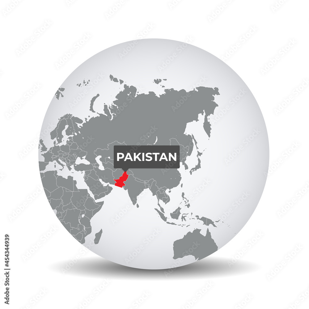 World globe map with the identication of Pakistan. Map of Pakistan. Pakistan on grey political 3D globe. Asia map. Vector stock.