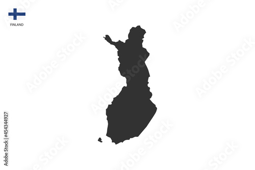 Finland black shadow map vector on white background and country flag icon left corner.