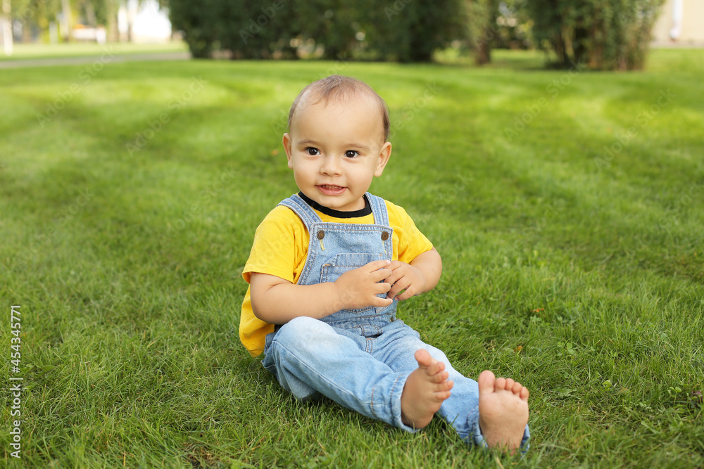 a beautiful little boy in a yellow T-shirt and a denim suit is sitting on the lawn in the park
a beautiful little boy in a yellow T-shirt and a denim suit is sitting on the lawn in the park