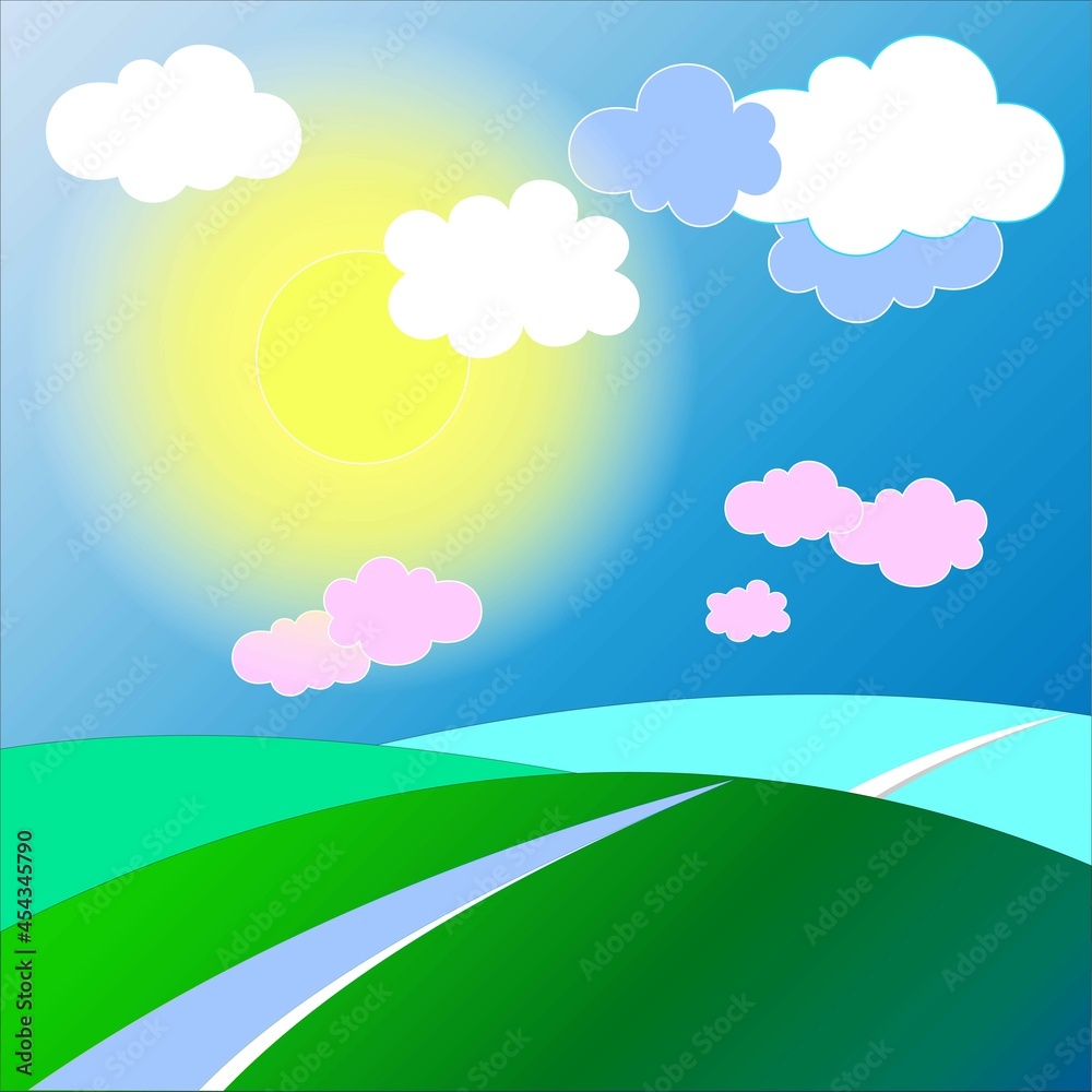 Fototapeta premium Green hills, sun and sky