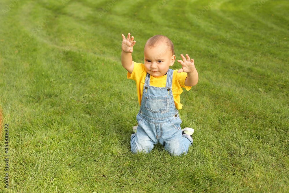 a little boy in a yellow Tshirt and jeans is sitting on the lawn in the park a little boy in a yellow Tshirt and jeans is sitting on the lawn in the park
