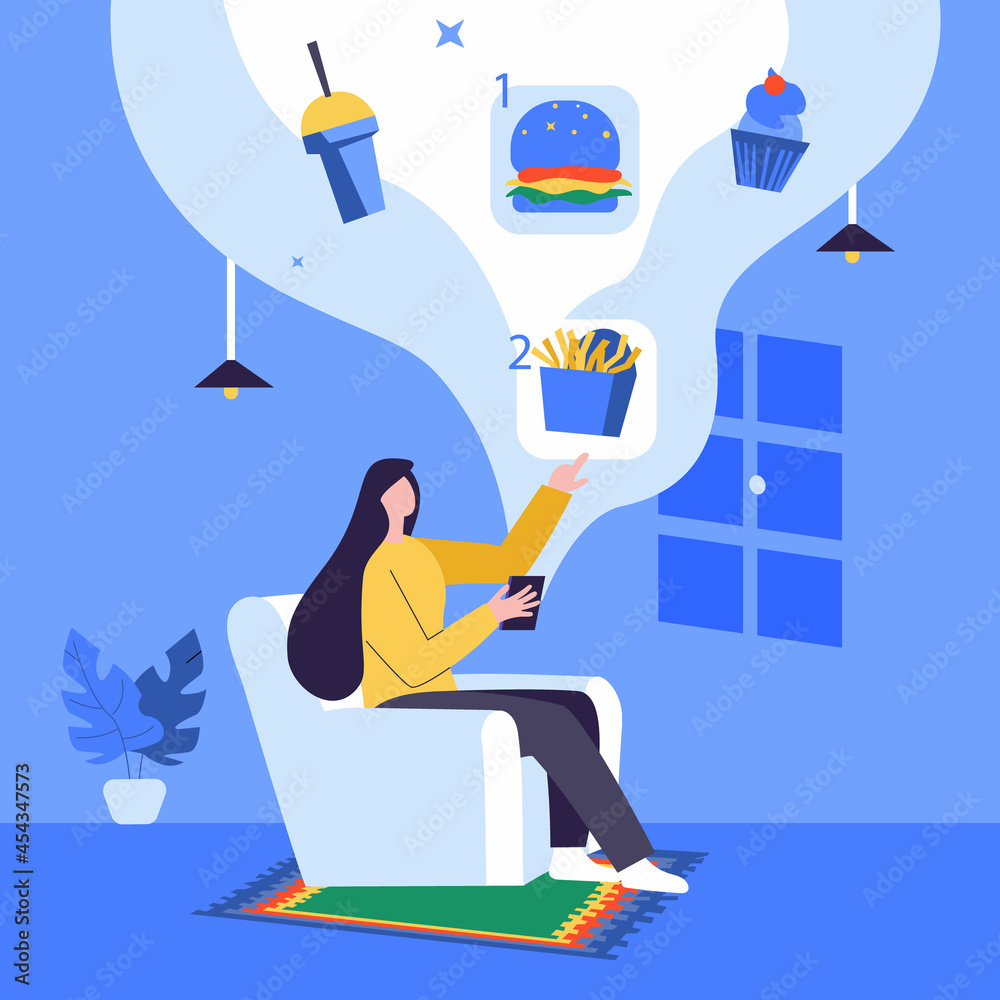 Obraz premium Young girls ordering foods from online restaurant apps illustration concept