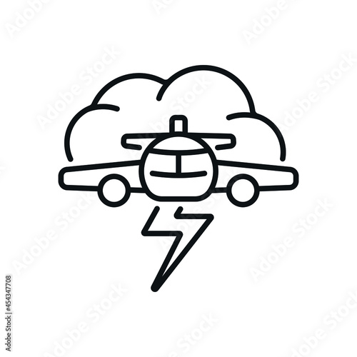 Bad weather overboard linear icon. Airplane with storm clouds. Aviation thin line customizable illustration. Vector isolated outline drawing. Editable stroke