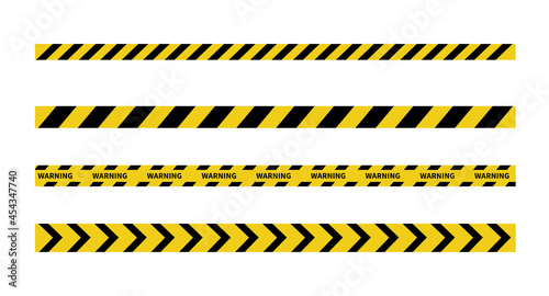 Warning tape on white background. Black and yellow line striped. Caution and danger tapes. Vector illustration