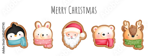 Digital painting watercolor Christmas Animal Cookies banner. 