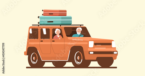 Elderly man and woman riding a car with luggage on the roof. Vector illustration.