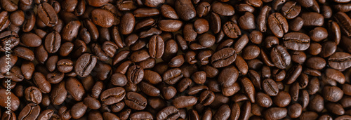 Coffee beans background texture. image banner size.