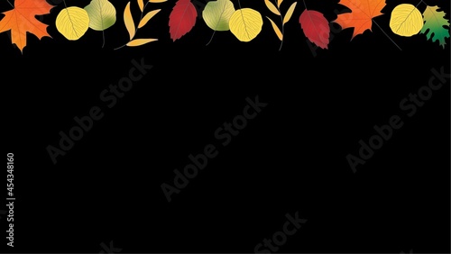 Bright colored autumn leaves on top of illustration on black background. Fall, seasonal, Thanksgiving. Copy space.