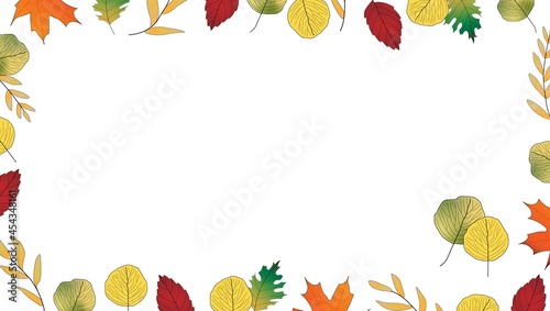 Bright colored autumn leaves around border of illustration making a frame, on white background. Fall, seasonal, Thanksgiving. Copy space.