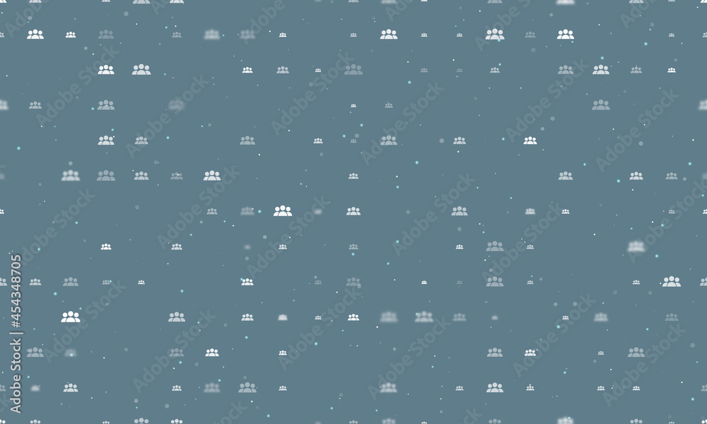 Seamless background pattern of evenly spaced white people symbols of different sizes and opacity. Vector illustration on blue grey background with stars Seamless background pattern of evenly spaced white people symbols of different sizes and opacity. Vector illustration on blue grey background with stars