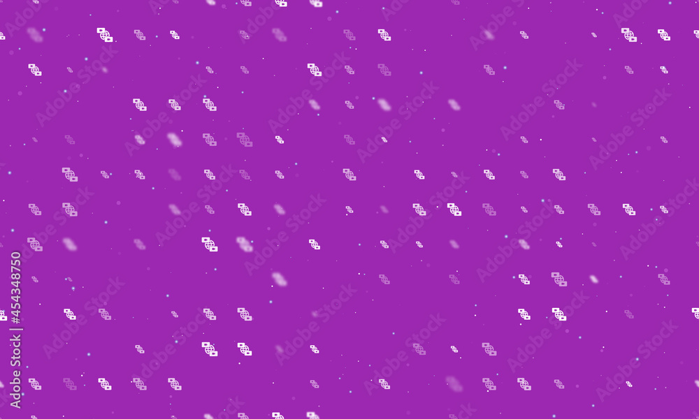 Seamless background pattern of evenly spaced white videoconference symbols of different sizes and opacity. Vector illustration on purple background with stars