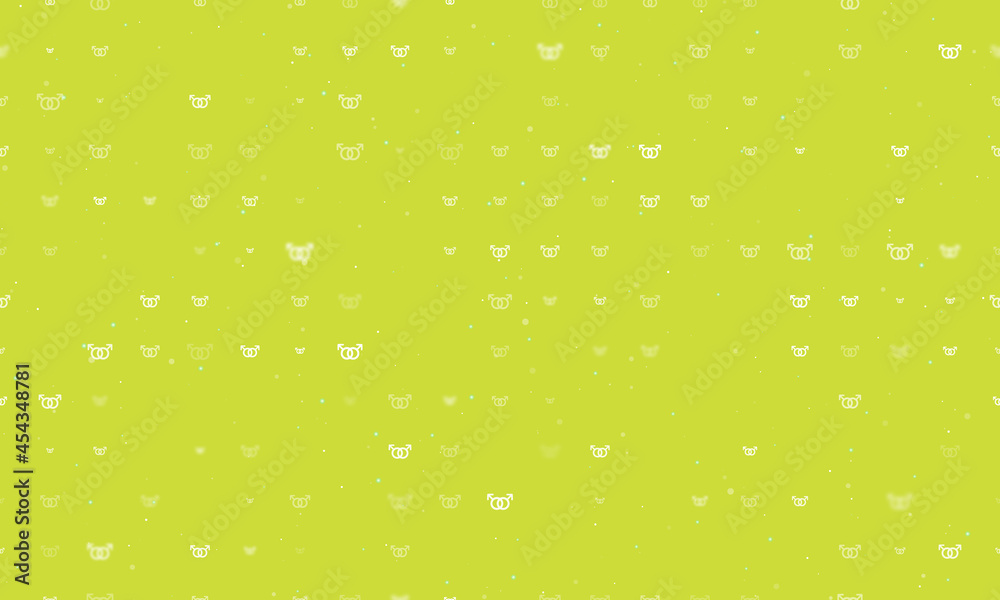 Seamless background pattern of evenly spaced white homosexual symbols of different sizes and opacity. Vector illustration on lime background with stars