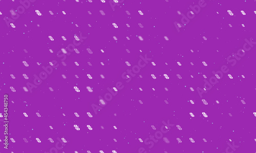 Seamless background pattern of evenly spaced white videoconference symbols of different sizes and opacity. Vector illustration on purple background with stars