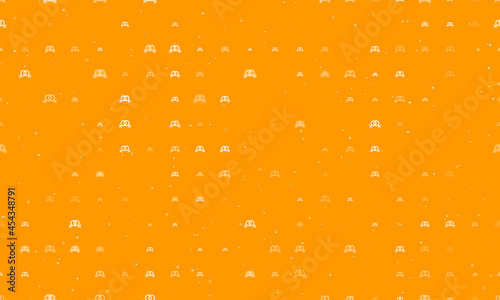 Seamless background pattern of evenly spaced white lesbian symbols of different sizes and opacity. Vector illustration on orange background with stars
