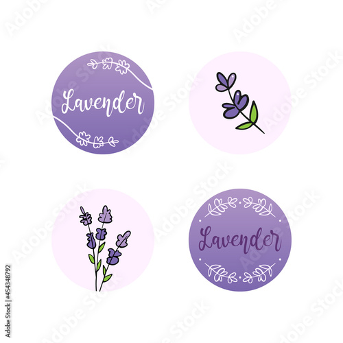 Set, collection of round stickers, social media stories icons with  lavender flowering plants and text. Lavender shop design concept.