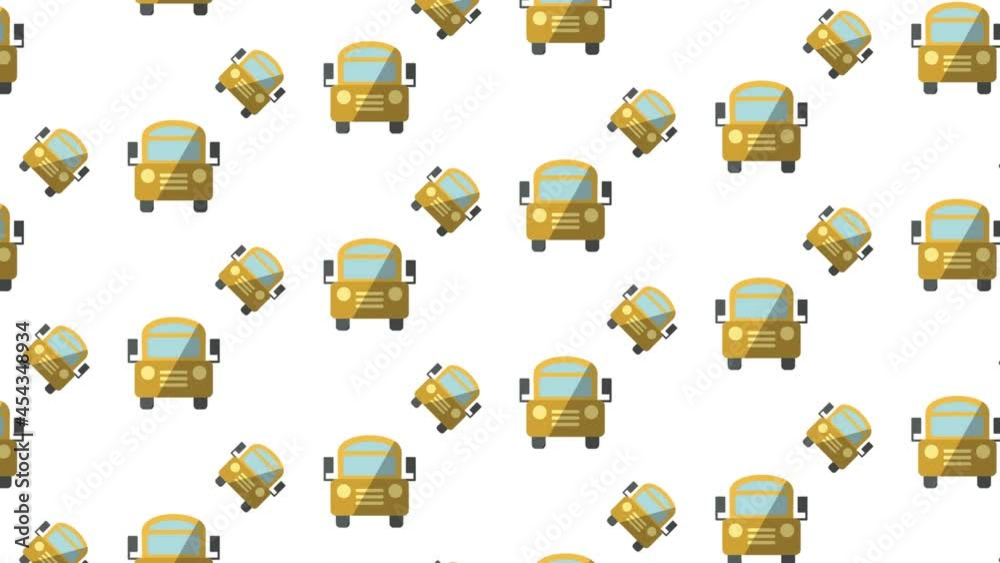 Animation of rows of school buses and school items on white background Animation of rows of school buses and school items on white background