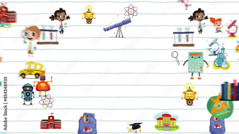 Animation of school items, notebooks and graduation hat on white background Animation of school items, notebooks and graduation hat on white background
